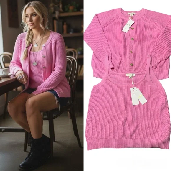 Lilly Pulitzer Bristow Ribbed Cardigan & Matching Tank Set In Pink Bliss NWT XL - Picture 1 of 16
